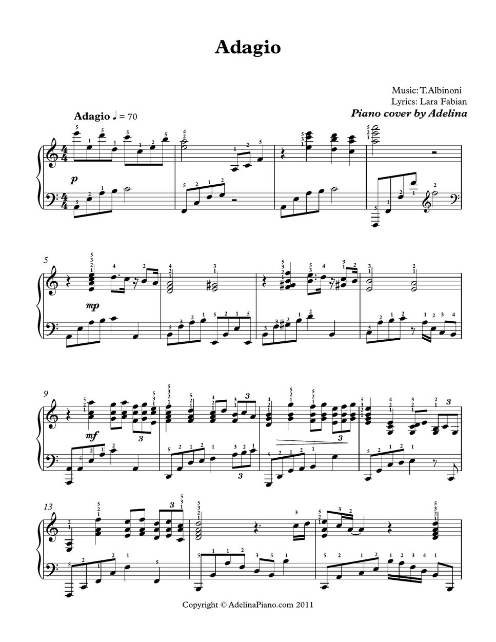 Lara fabian adagio sheet by adelina piano