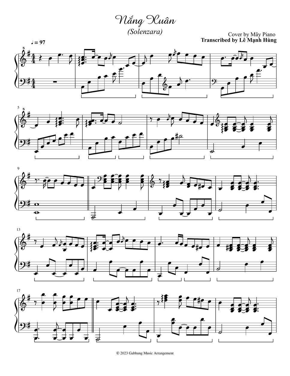 Cover by Mây Piano Nắng Xuân (Solenzara) (Transcribed) 악보 by Le Manh Hung