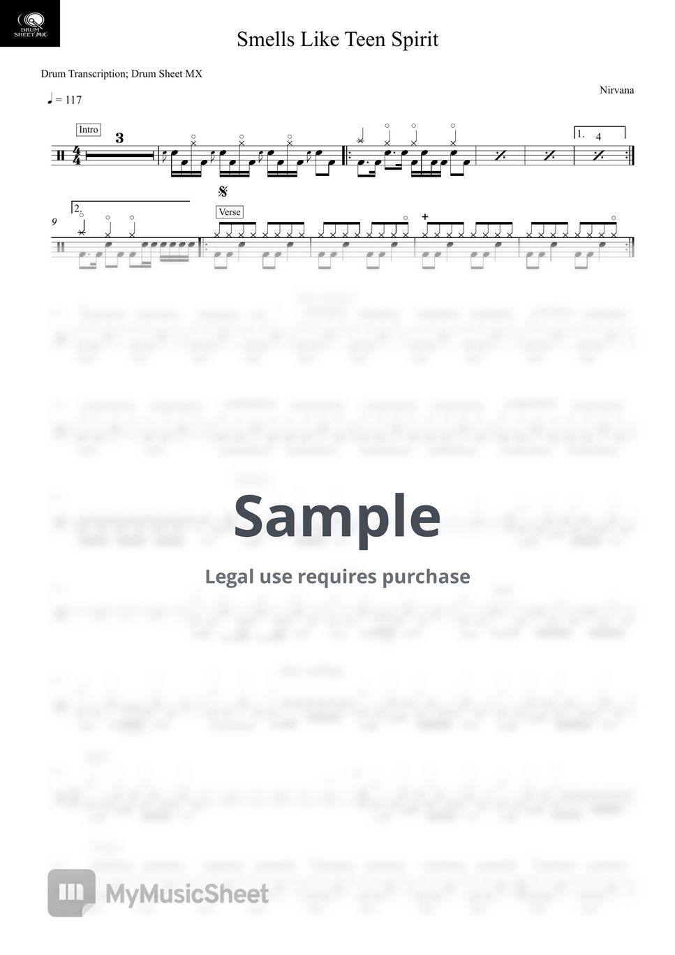 Nirvana - Smells Like Teen Spirit by Drum Transcription: Drum Sheet MX