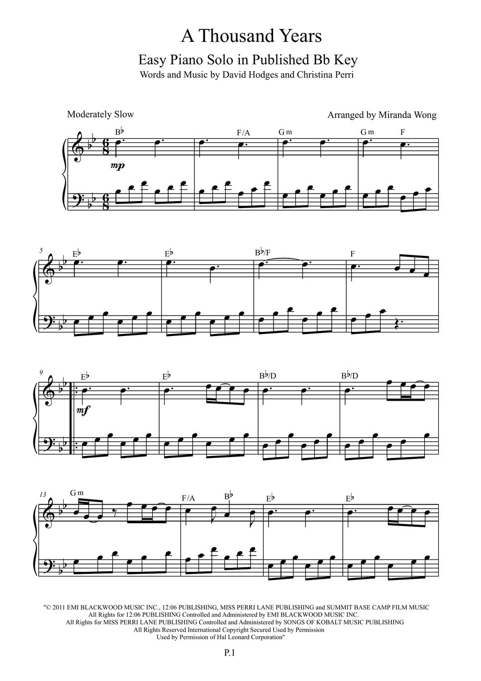 Christina Perri A Thousand Years Easy Piano Solo In Bb Key Sheets By Miranda Wong 