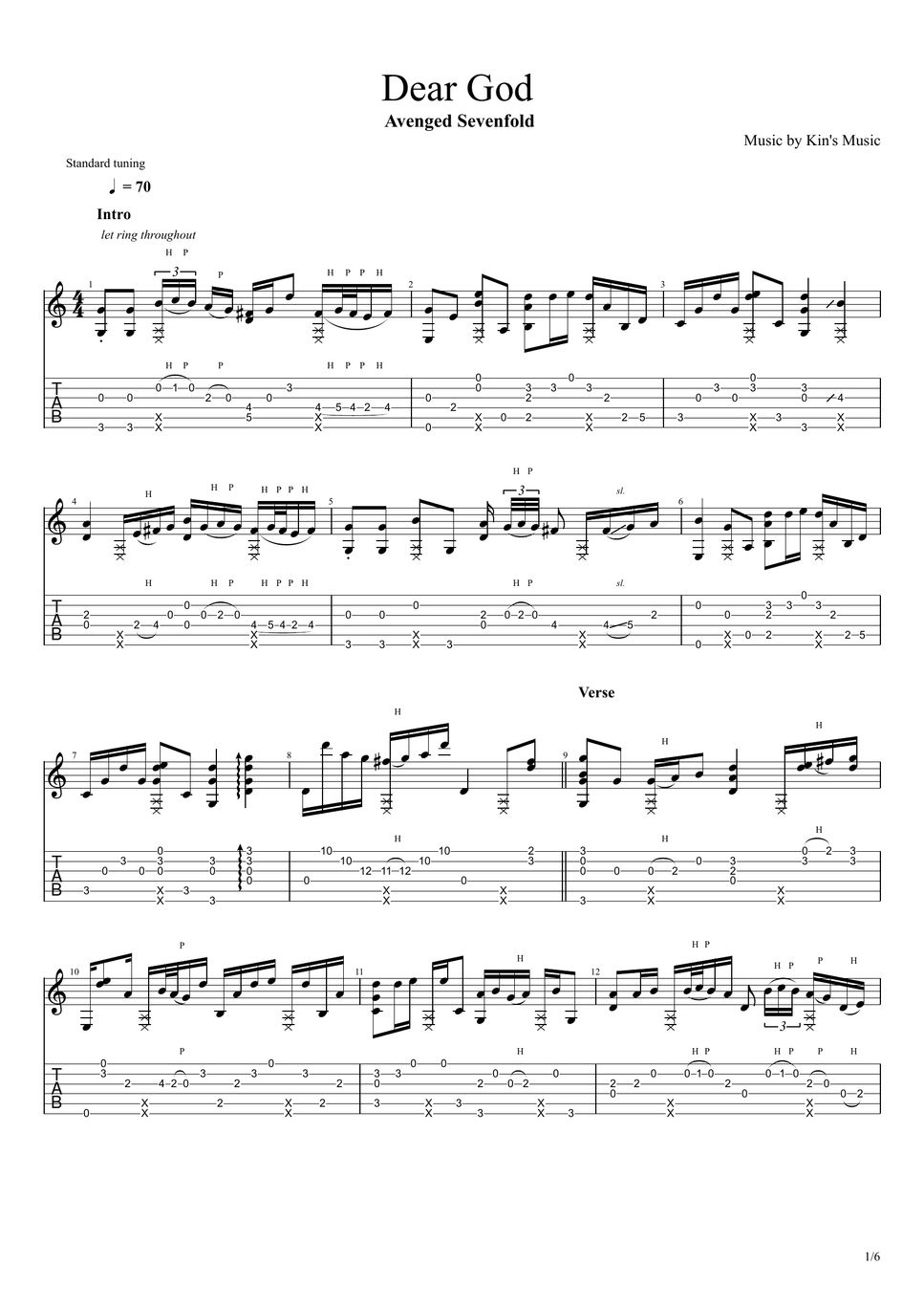 Avenged Sevenfold Dear God [Easy Guitar Fingerstyle For Beginner] 악보