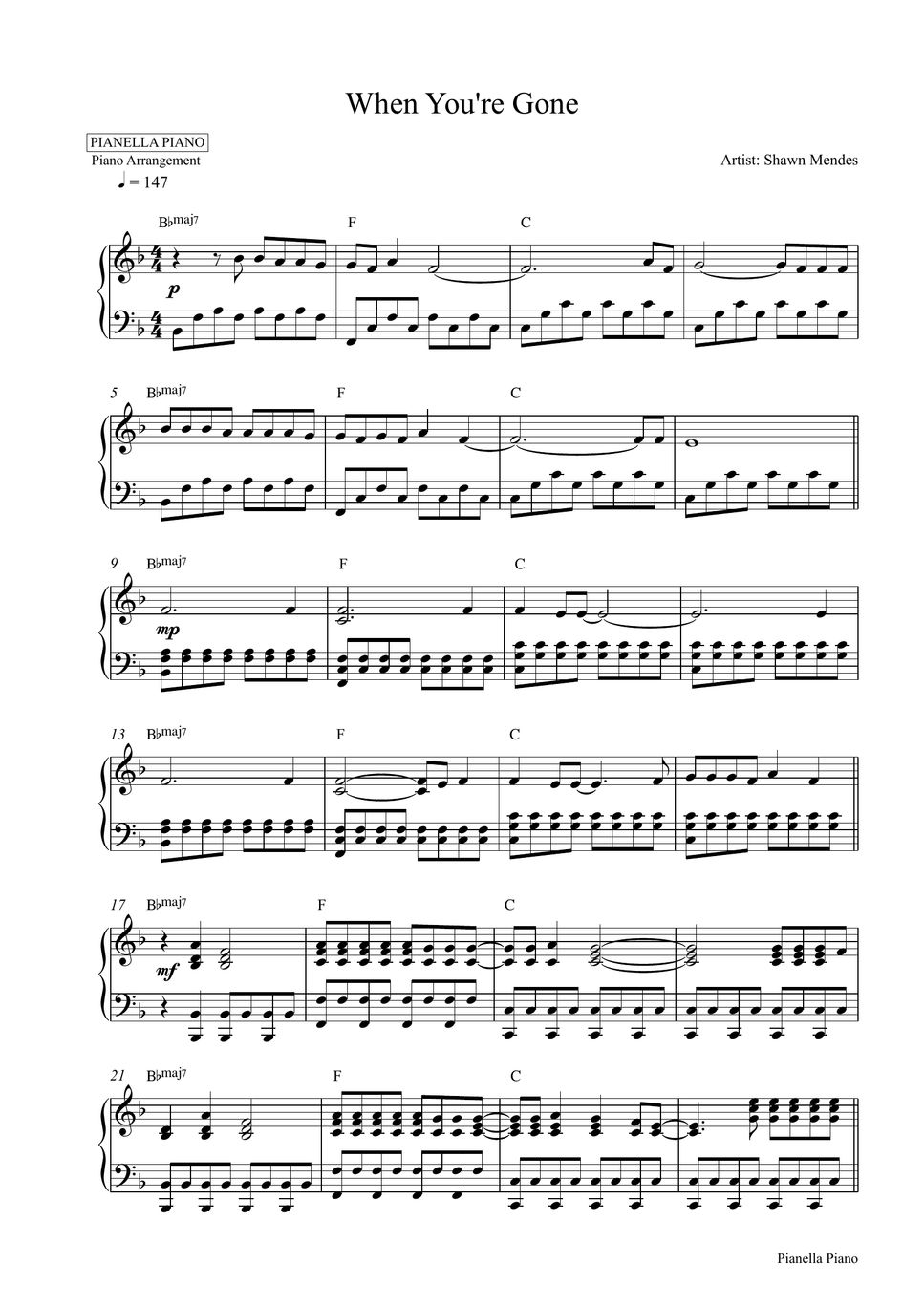 Shawn Mendes When You're Gone (Piano Sheet) Spartito by Pianella Piano