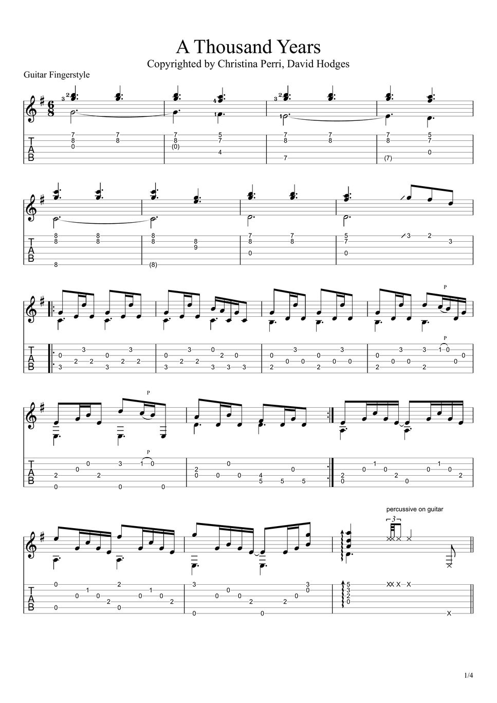 Christina Perri A Thousand Years (Guitar Fingerstyle) Tab + 단선 악보 by