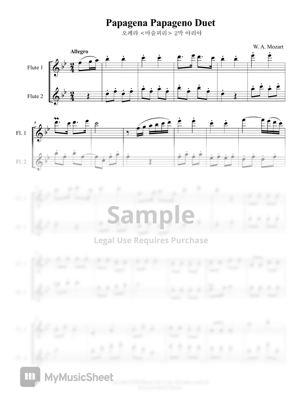 W. A. Mozart 파파게나 파파게노 듀엣(플룻 듀엣, Flute Duet) (피가로의 결혼) 악보 by 바론아트