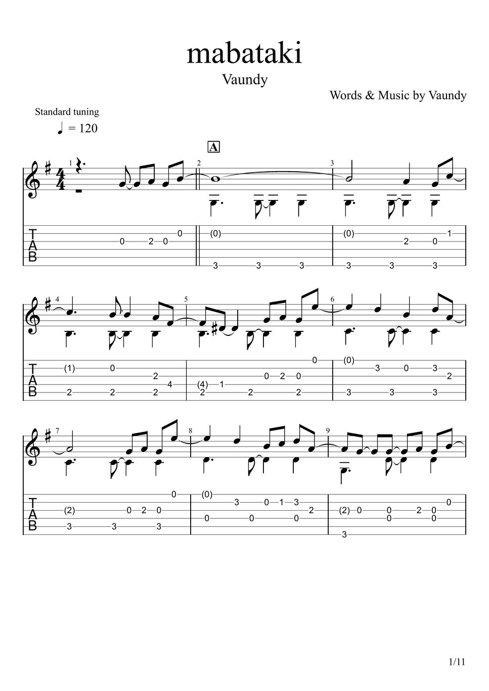 Vaundy - mabataki (Fingerstyle) TAB by u3danchou