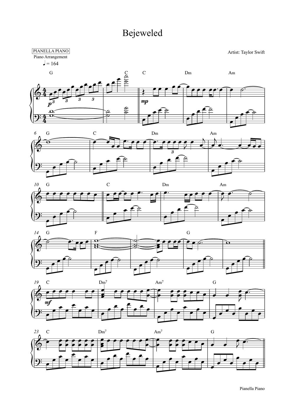 Taylor swift bejeweled piano sheet by pianella piano