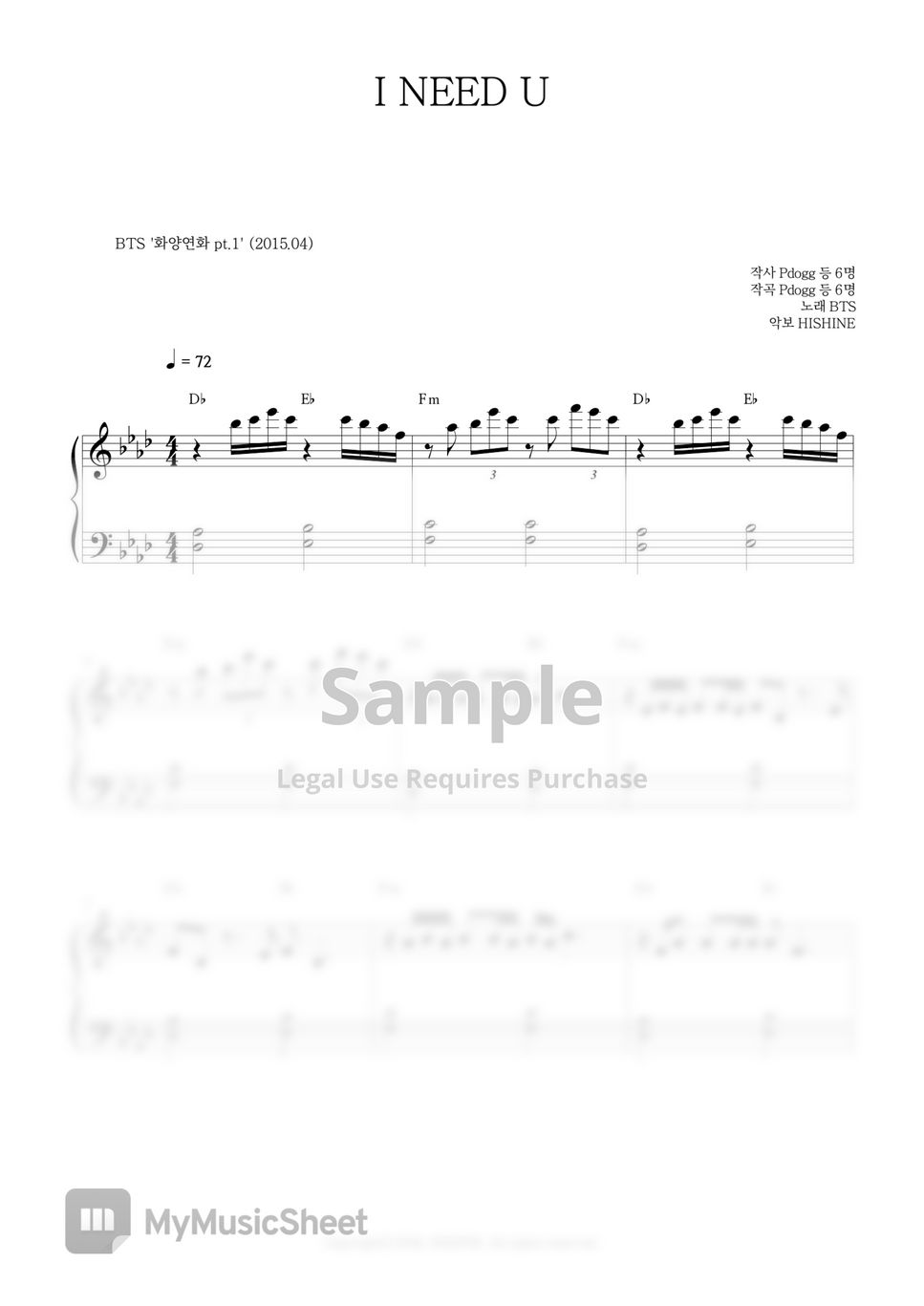 BTS - I NEED U Easy Piano Sheet Music