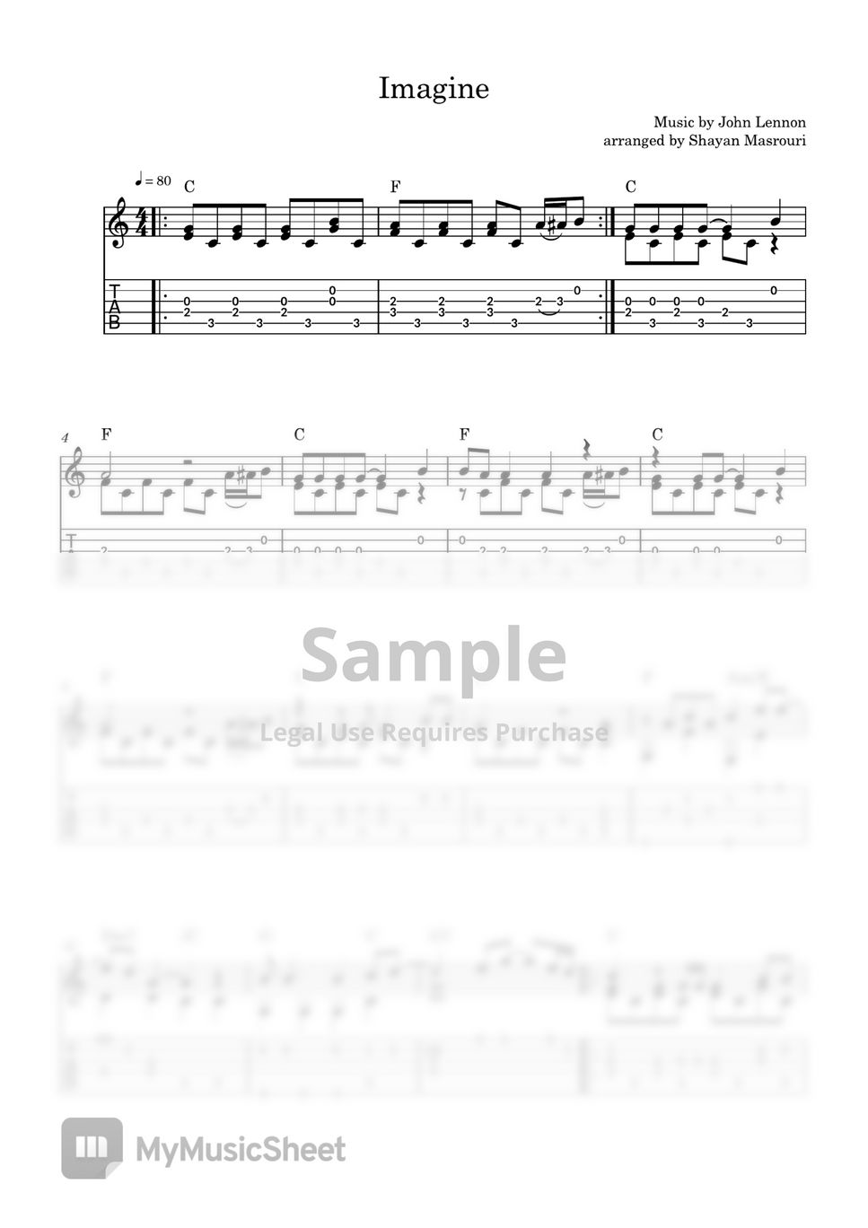 John Lennon Imagine (Guitar Fingerstyle) Tab + 1staff by Shayan Masrouri