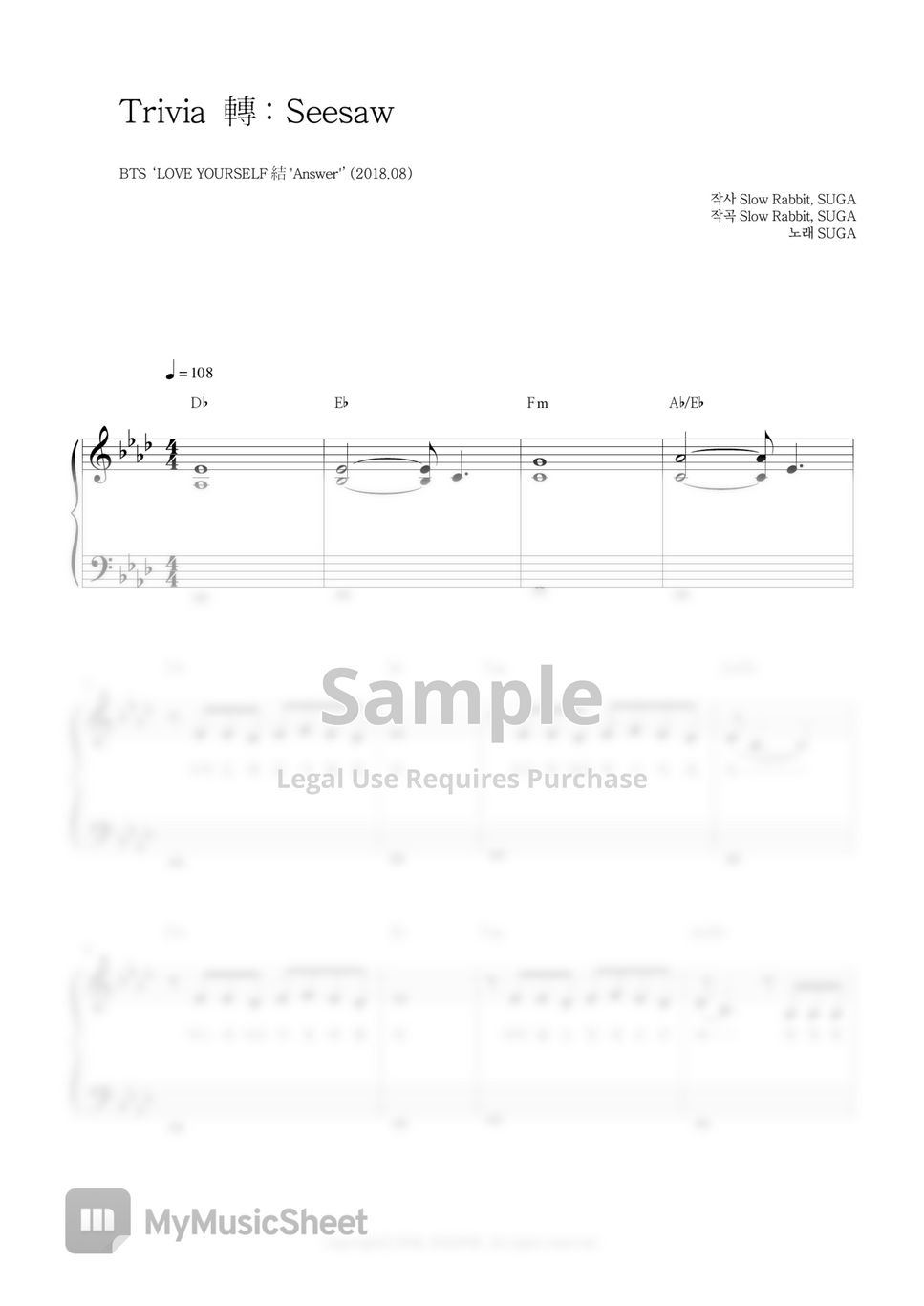 BTS 'Trivia 轉 : Seesaw' Piano Sheet Music