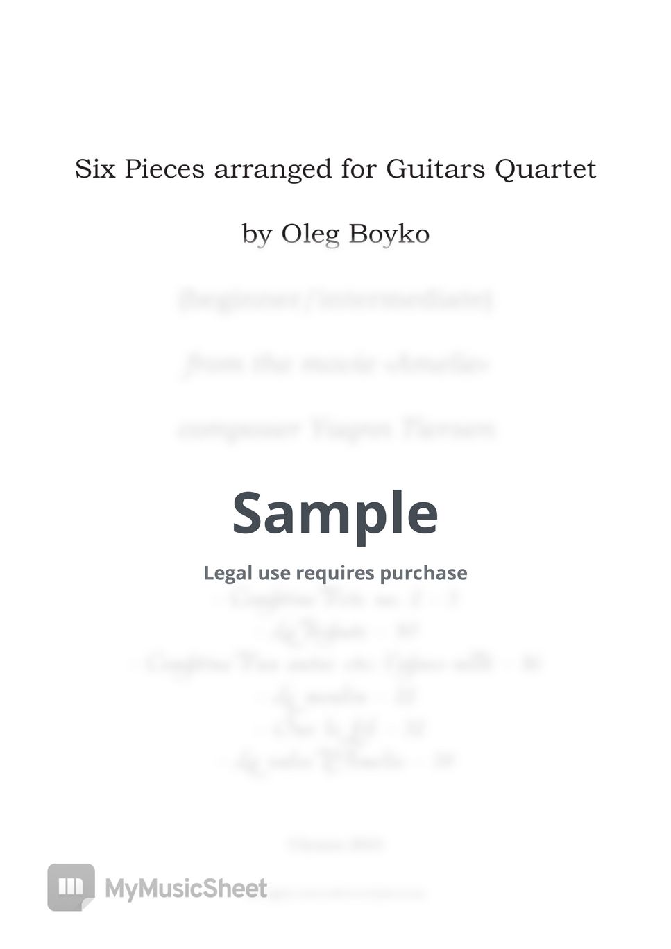 Six Pieces arranged for Guitars Quartet from the movie "Amelie" by Oleg Boyko
