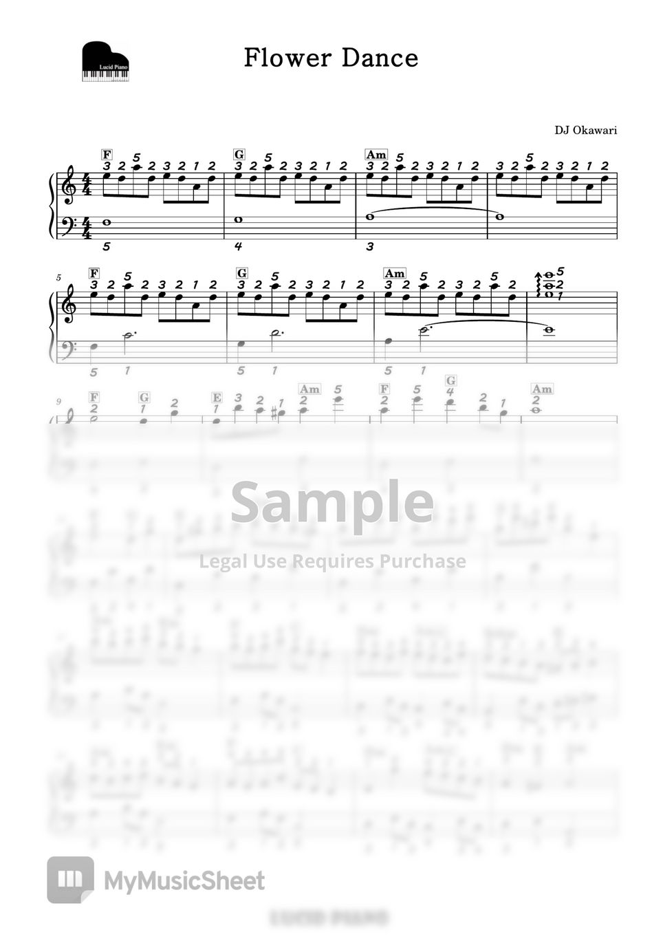 DJ Okawari Flower Dance(플라워 댄스) (손가락 번호, 코드포함 다장조쉬운악보) Spartito by