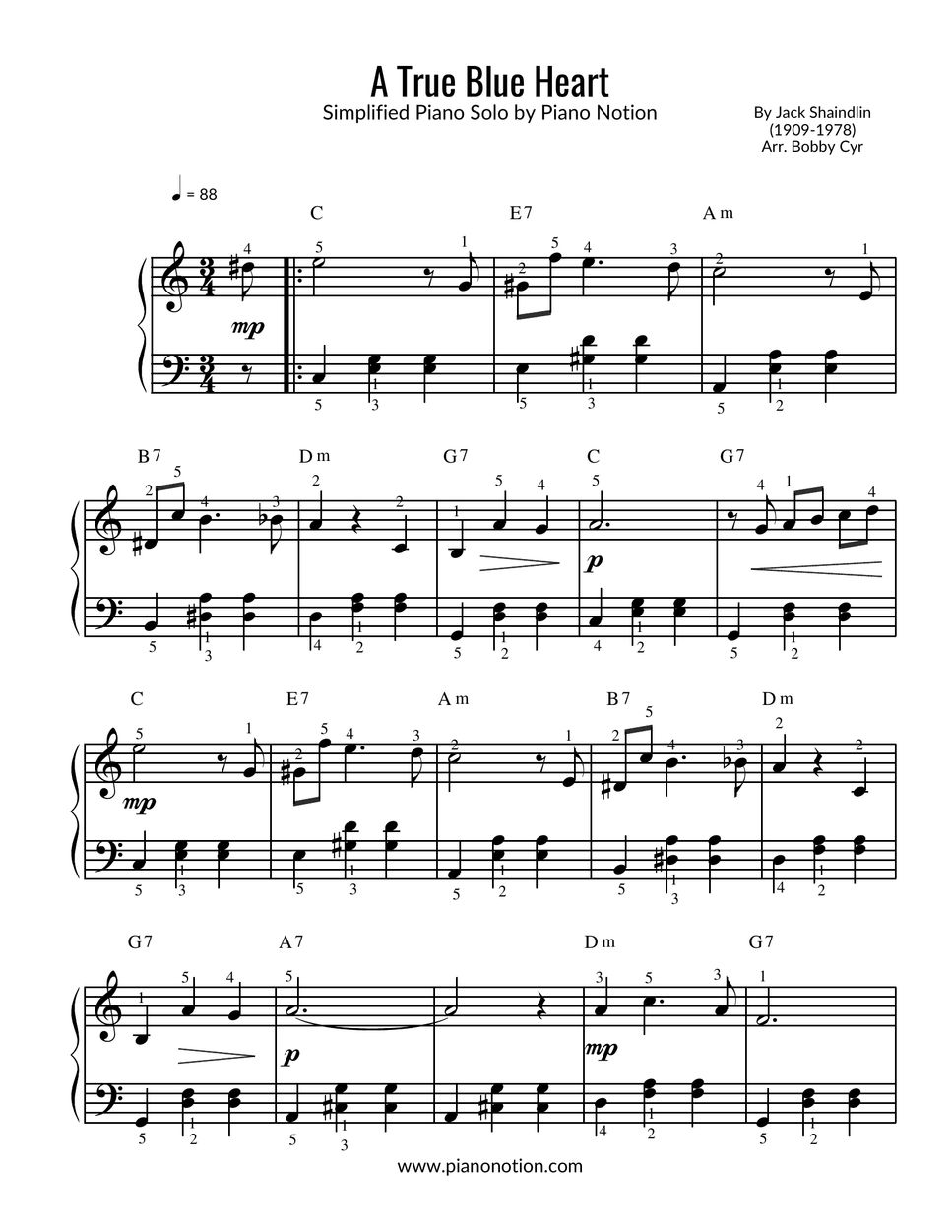 Jack Shaindlin A True Blue Heart (Piano Solo) Partition musicale by