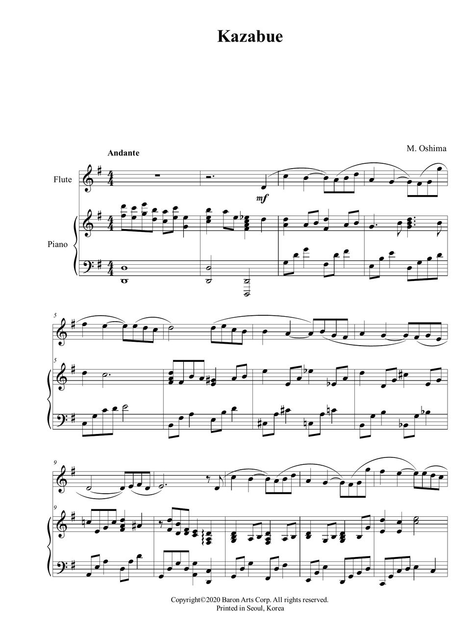 M. Oshima Kazabue(Flute Solo, Piano) (플룻 솔로) Partitura by 바론아트