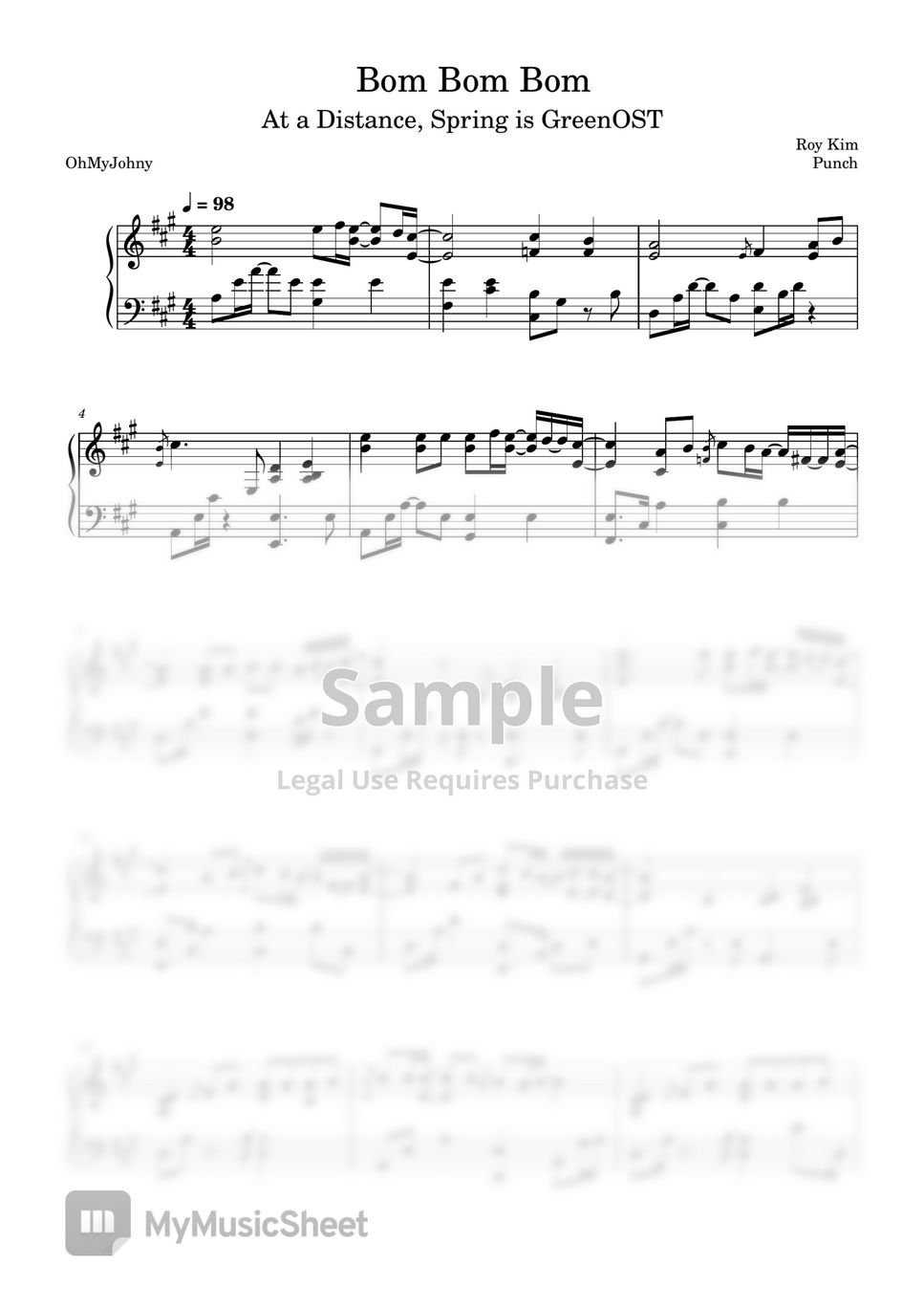 Punch/RoyKim BOM BOM BOM봄봄봄(At a Distance, Spring is Green OST) (Piano) Sheets by OhMyJohny
