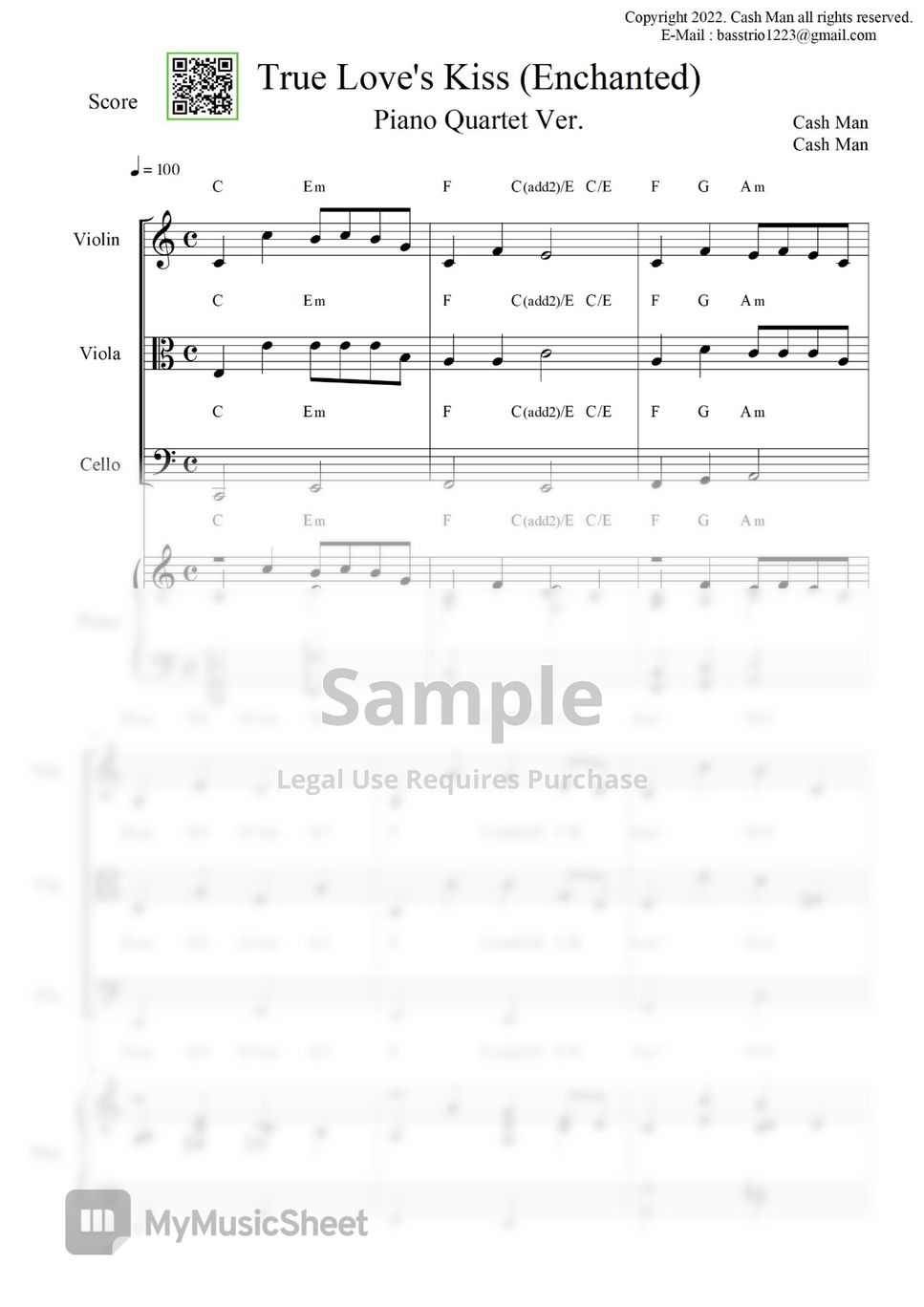 Enchanted - True Love's Kiss (Piano Quartet / Full Score / Part Score / Chord / Arrangment) by Cash Man