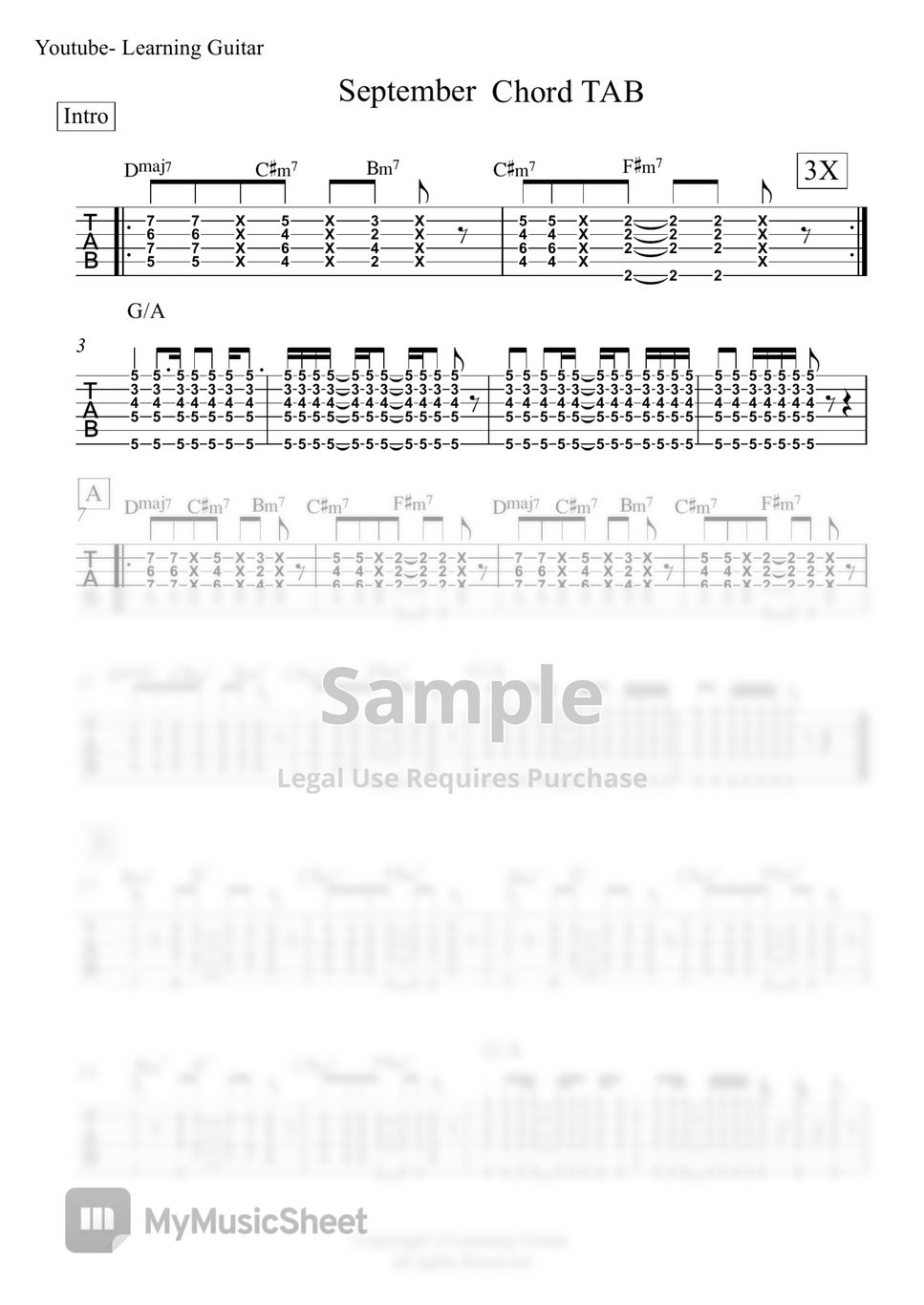 Earth Wind & Fire - September Guitar Rhythm TAB by Learning Guitar