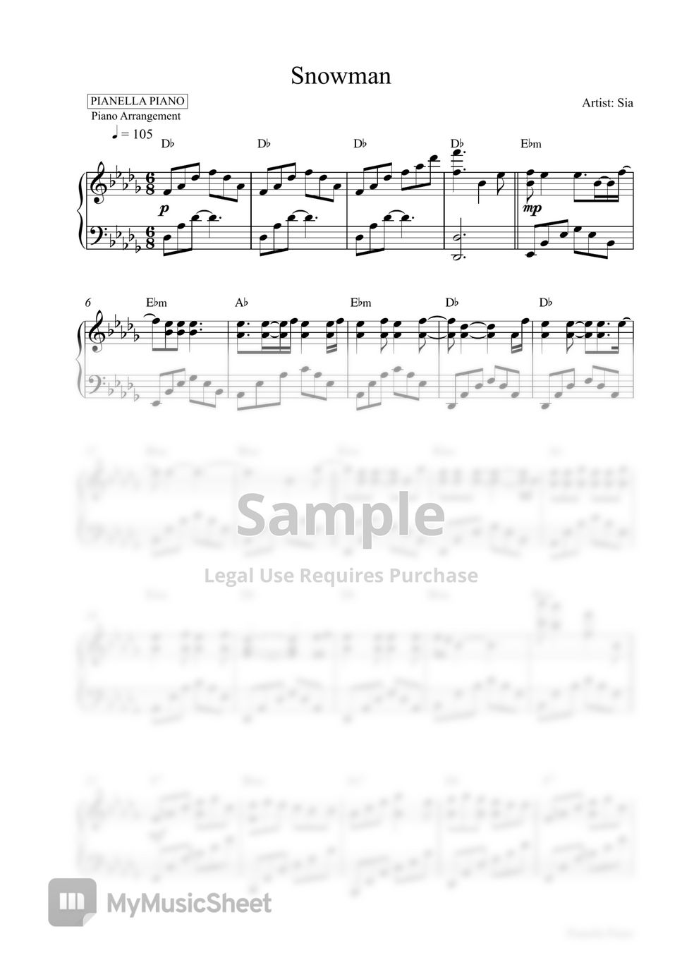 Sia - Snowman (Piano Sheet) by Pianella Piano