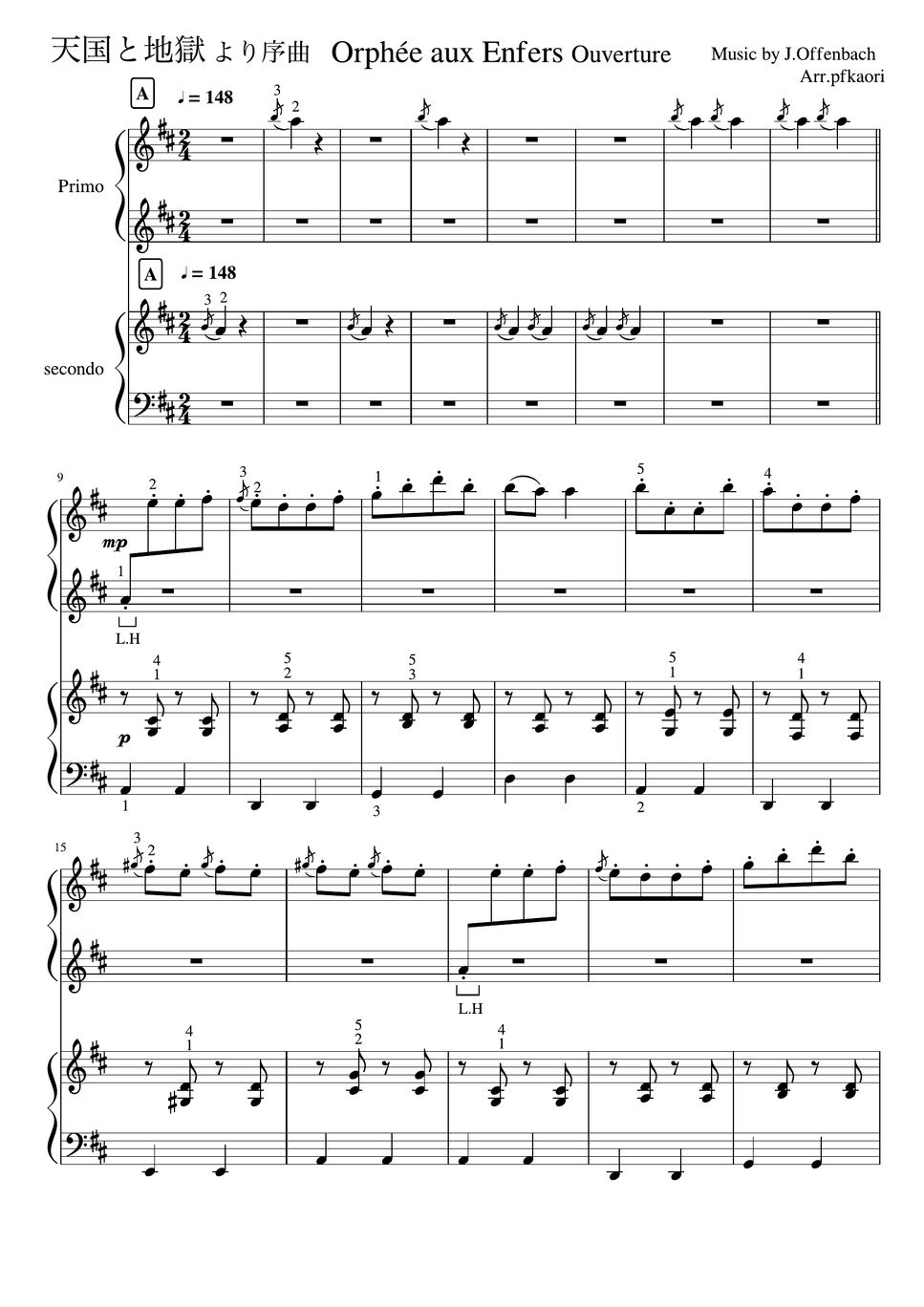 J.Offenbach - Orphée aux Enfers "ouverture" (Ddur・Piano 4hands Beginner to Intermediate) by pfkaori
