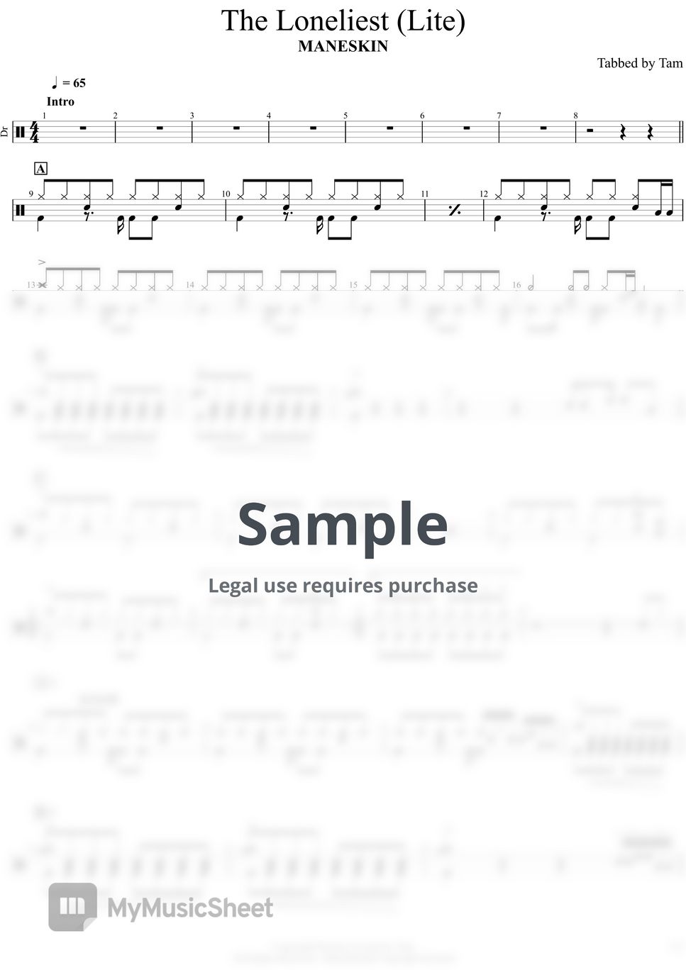 MANESKIN - The Loneliest (MANESKIN / The Loneliest / 含Lite Ver. / 鼓譜 / 爵士鼓 / Drums) by Tam Shau