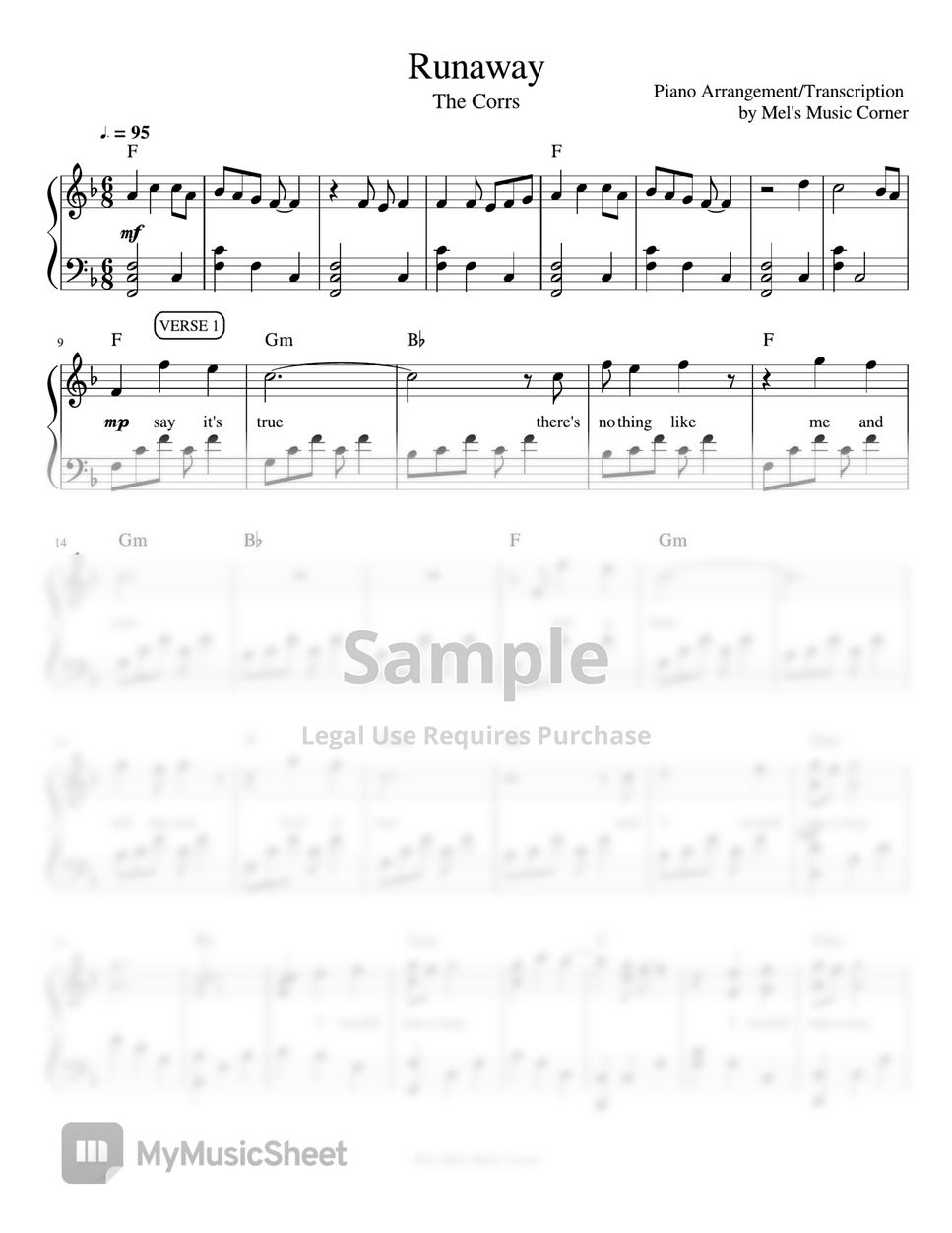 The Corrs Runaway (piano sheet music) Sheets by Mel's Music Corner