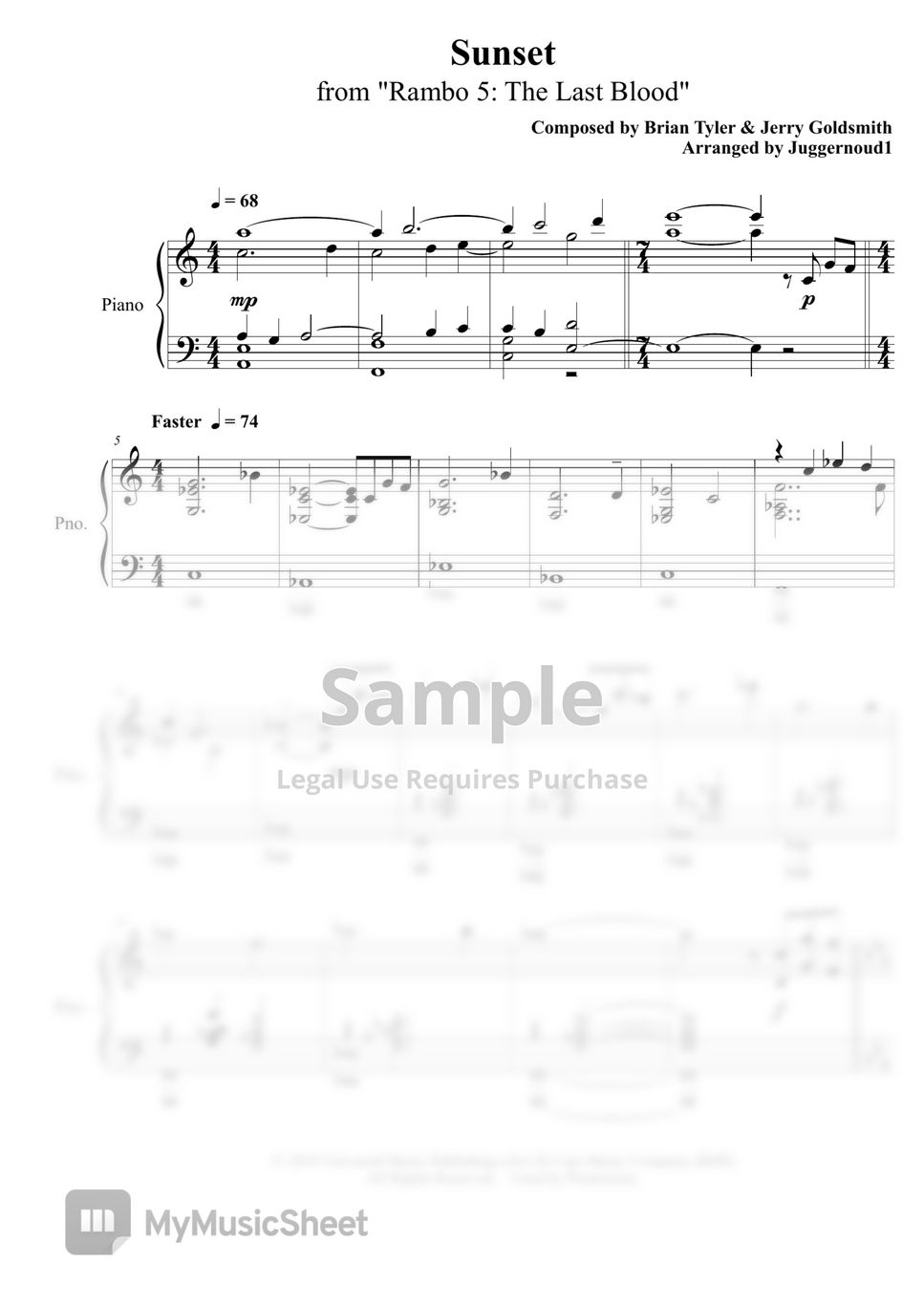 Rambo 5 Last Blood Sunset Brian Tyler & Jerry Goldsmith 악보