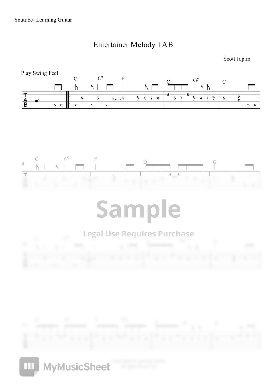 Scott Joplin - Entertainer Guitar Melody (TAB) by Learning Guitar