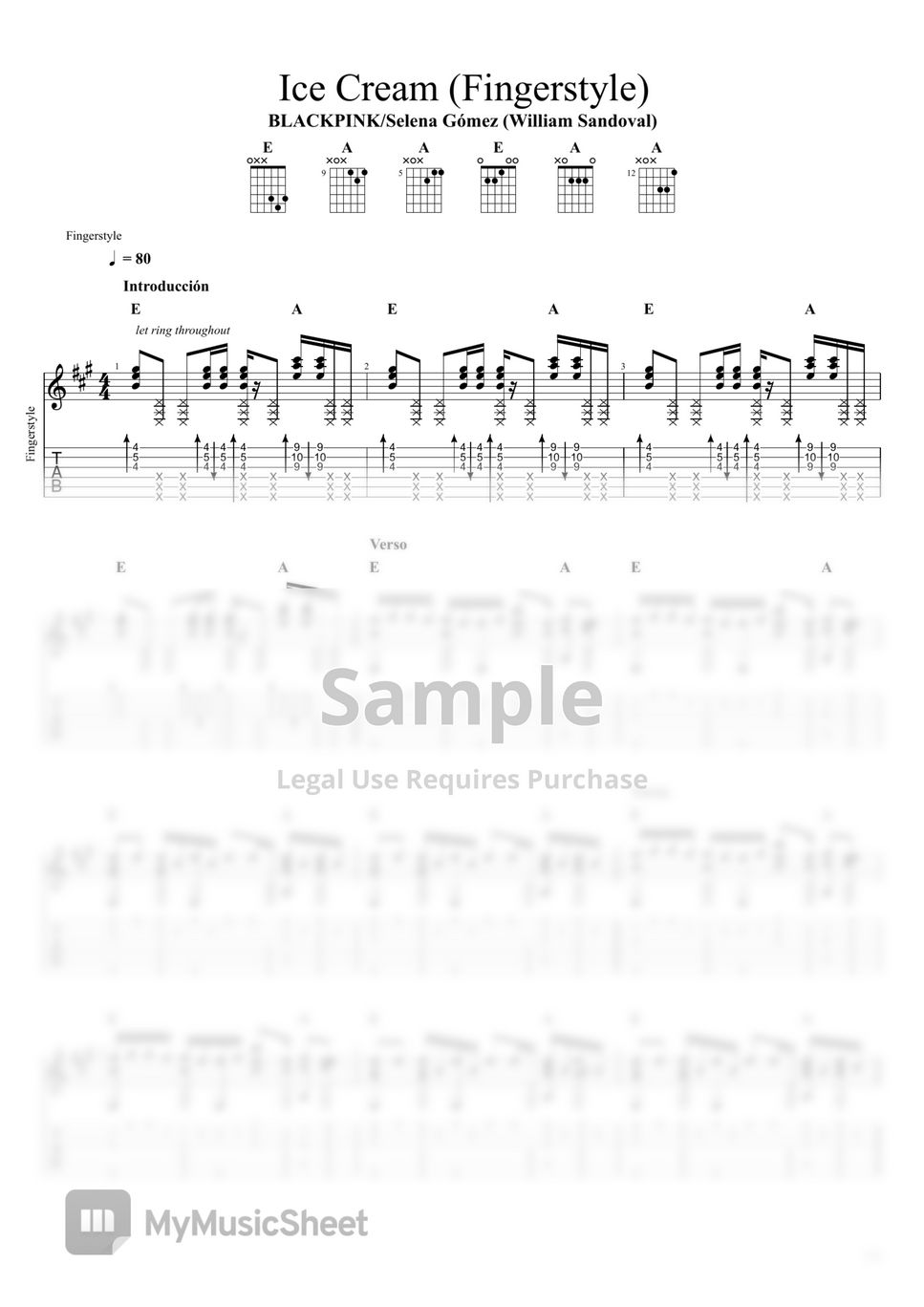 BLACKPINK/Selena Gómez Ice Cream (Fingerstyle) Tab + 1staff by