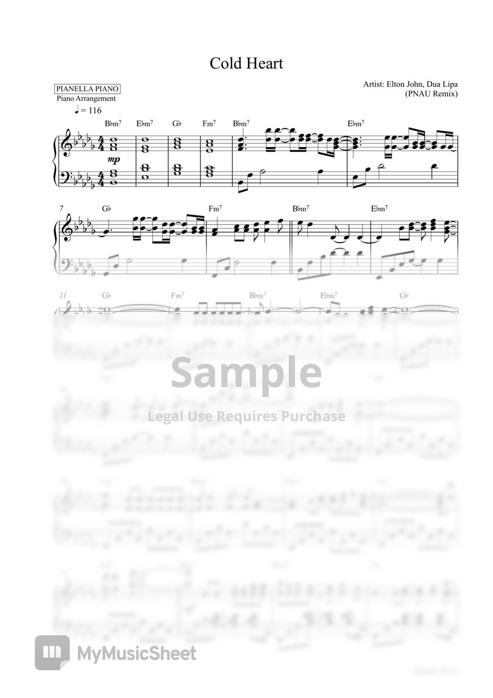 Cold Heart (PNAU Remix) sheet music for piano solo (PDF)