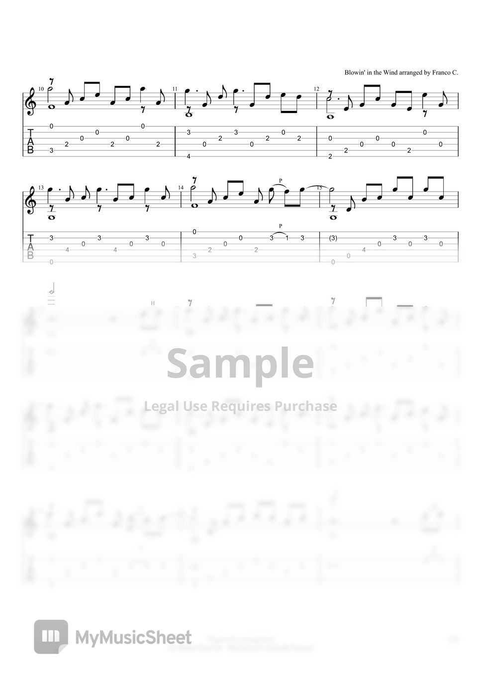 Bob Dylan Blowin' in the wind (Fingerstyle) Tab + 단선 악보 by Franco C.