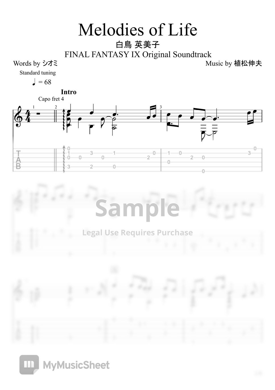 FINAL FANTASY IX - Melodies Of Life (Fingerstyle) 楽譜 by