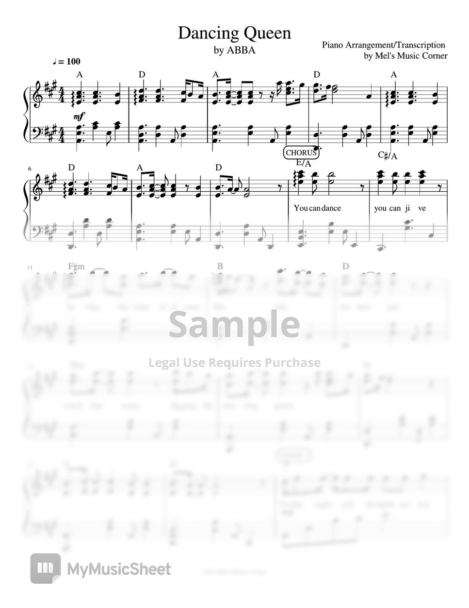 ABBA Dancing Queen (piano sheet music) Sheets by Mel's Music Corner