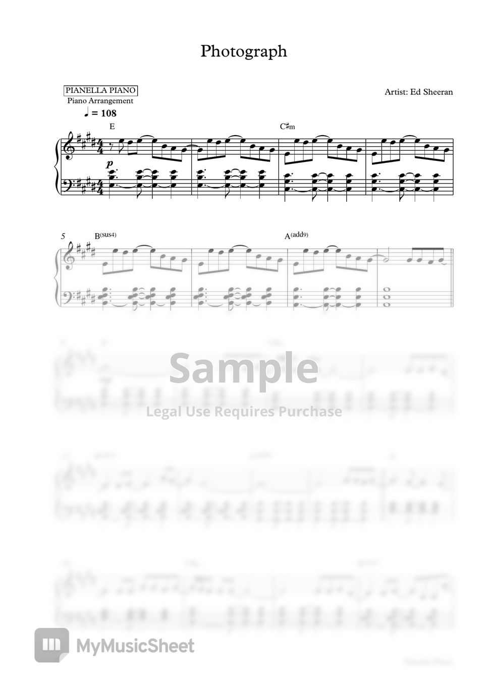 Ed Sheeran - Photograph (Piano Sheet) by Pianella Piano