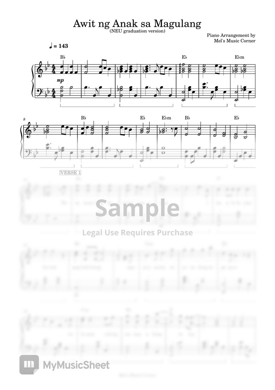 Bro. Ernie Magtuto - Awit ng Anak sa Magulang (piano sheet music) by Mel's Music Corner