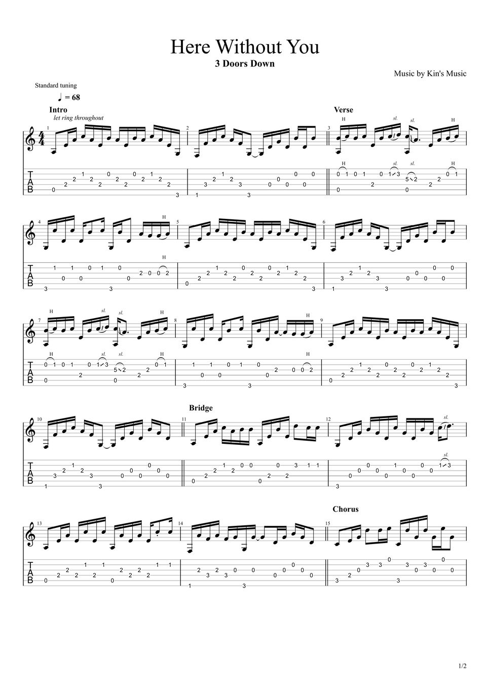 3 Doors Down Here Without You[Easy Guitar Fingerstyle For Beginner