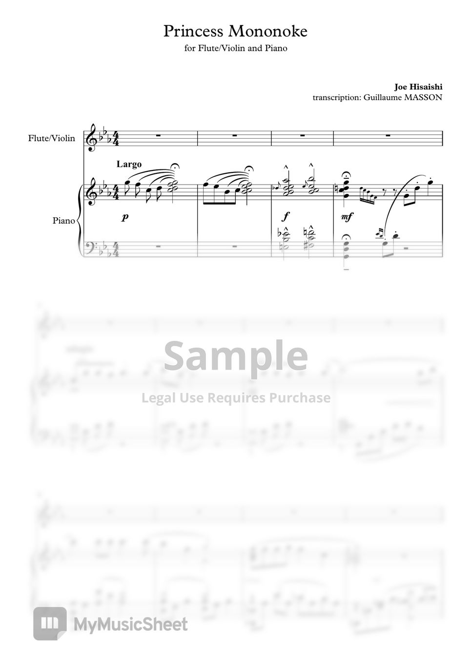 Joe Hisaishi - Mononoke theme song [for piano & flute or violin] by Guillaume Masson