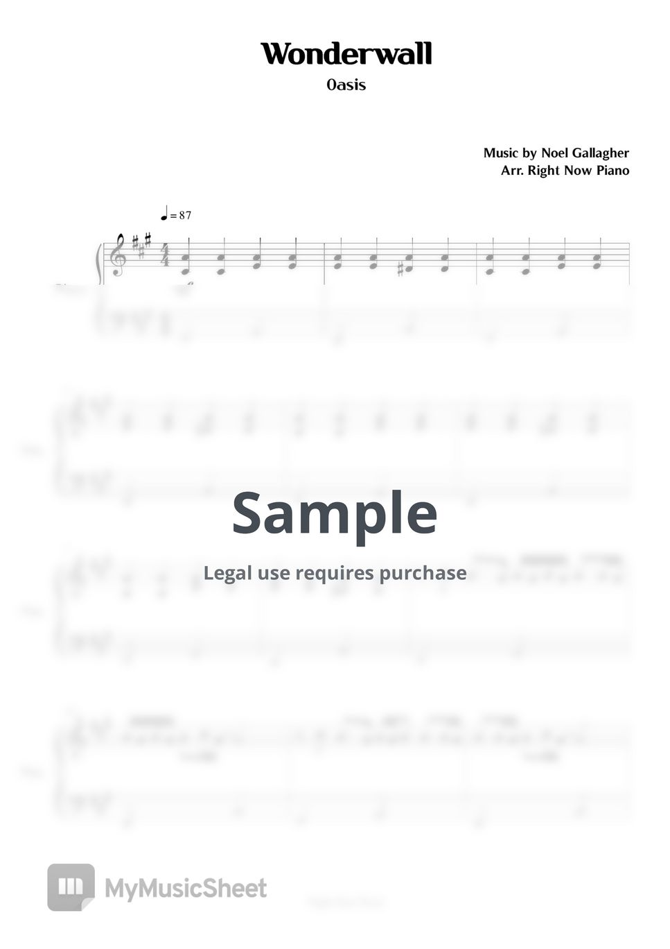 Oasis Wonderwall Sheets by Right Now Piano