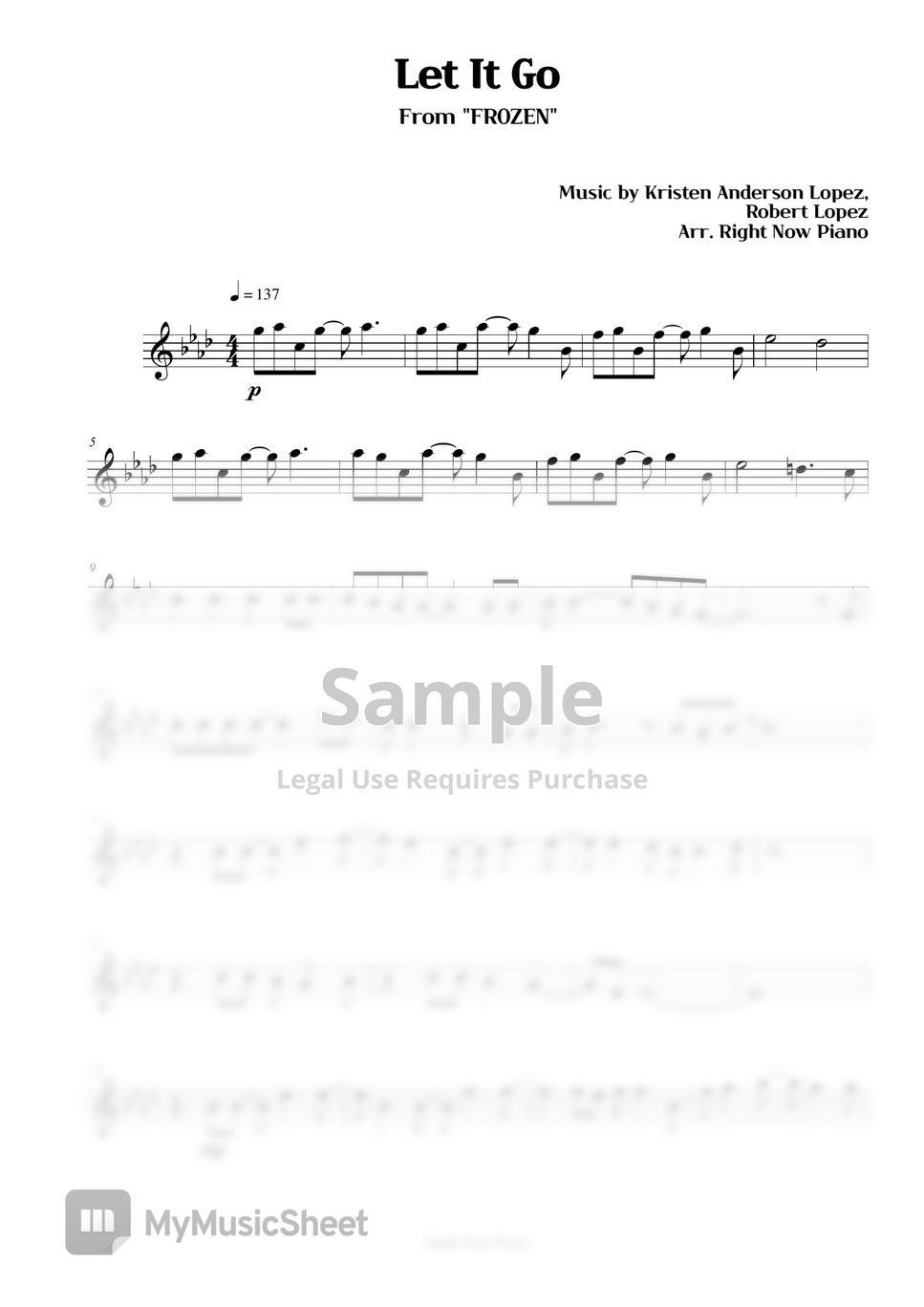 FROZEN - Let It Go (Melody) Sheets by Right Now Piano