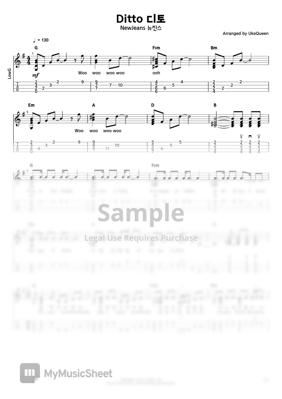 ﻿NewJeans ﻿Ditto (LowG/우쿨렐레Tab) Lembar Musik by UkeQueen