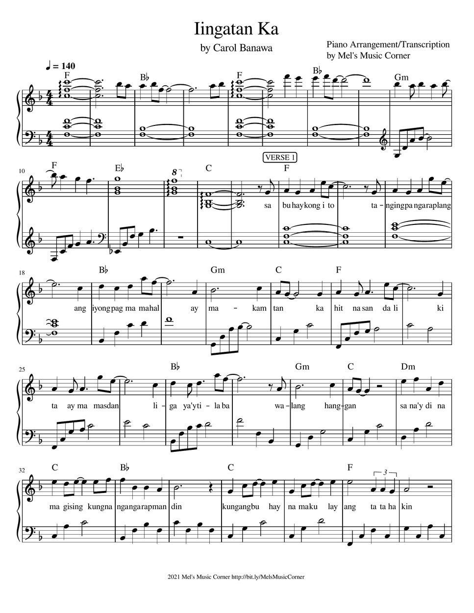 Carol Banawa - Iingatan Ka (piano sheet music) by Mel's Music Corner