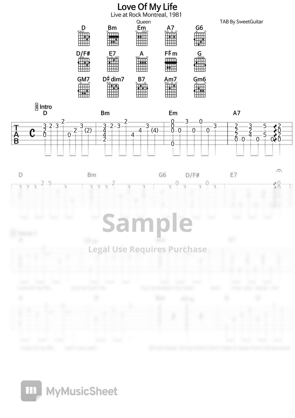 Love Of My Life  Guitar TAB + Chords ㅣ러브오브마이라이프- 통기타 타브악보 by sweet guitar