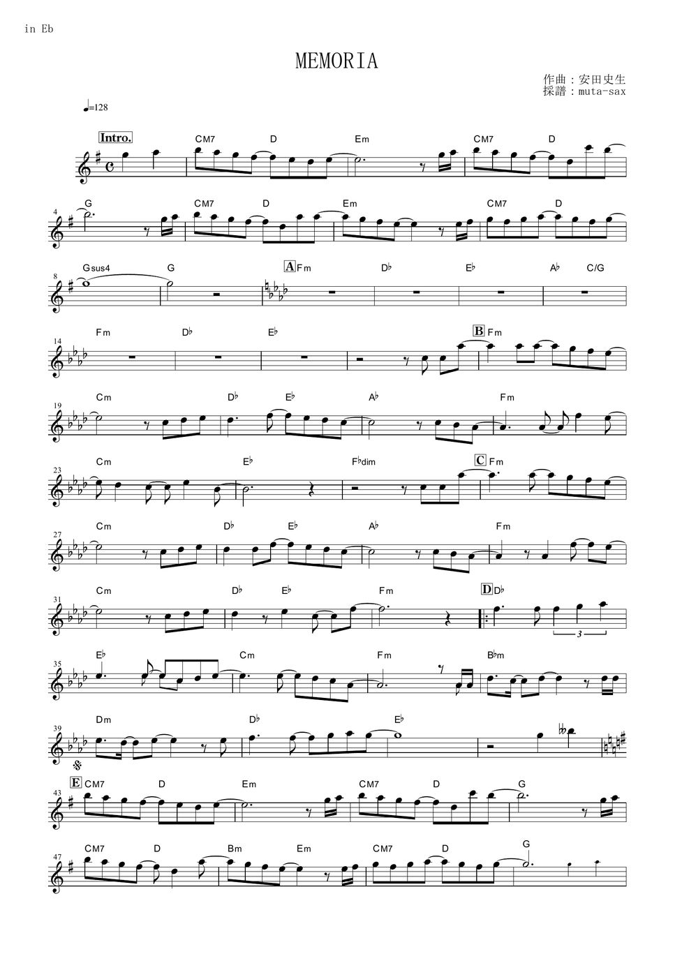 Fate/Zero - MEMORIA (in Eb) Sheet by Eir Aoi