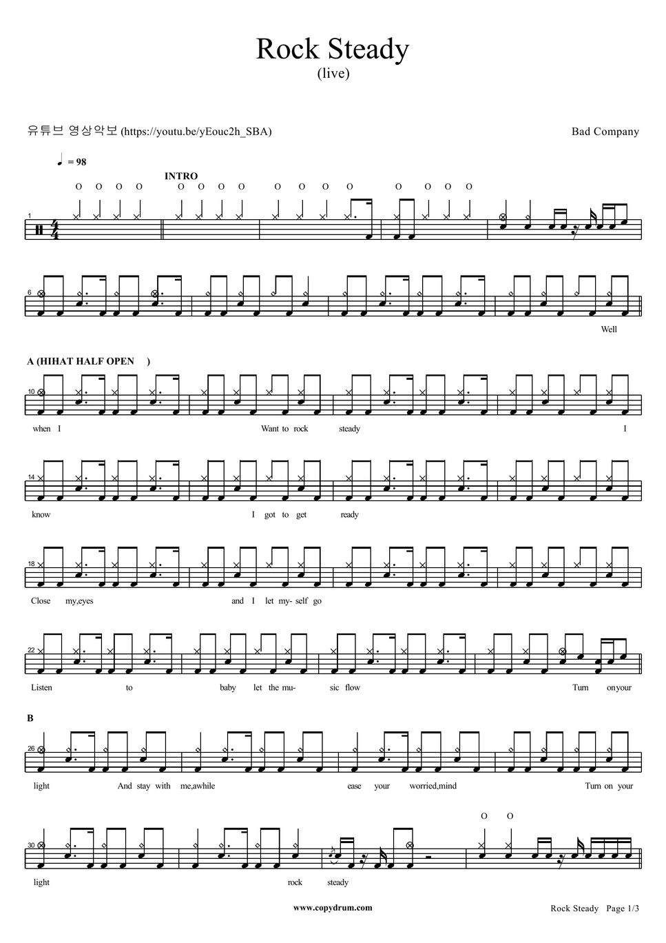 Bad Company Rock Steady Sheet By Copydrum 5107