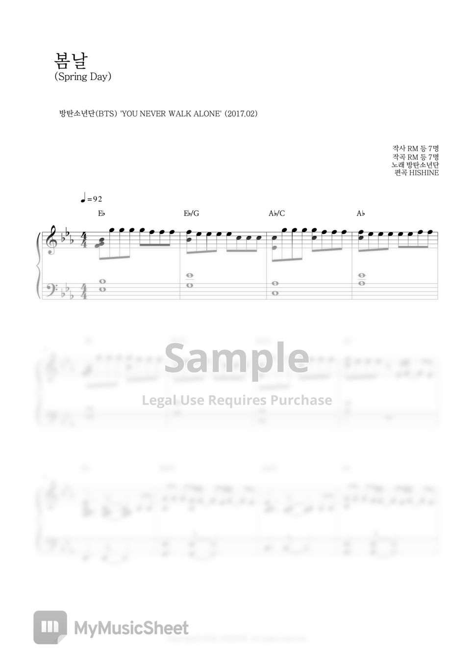 BTS 'Spring Day' Piano Sheet Music