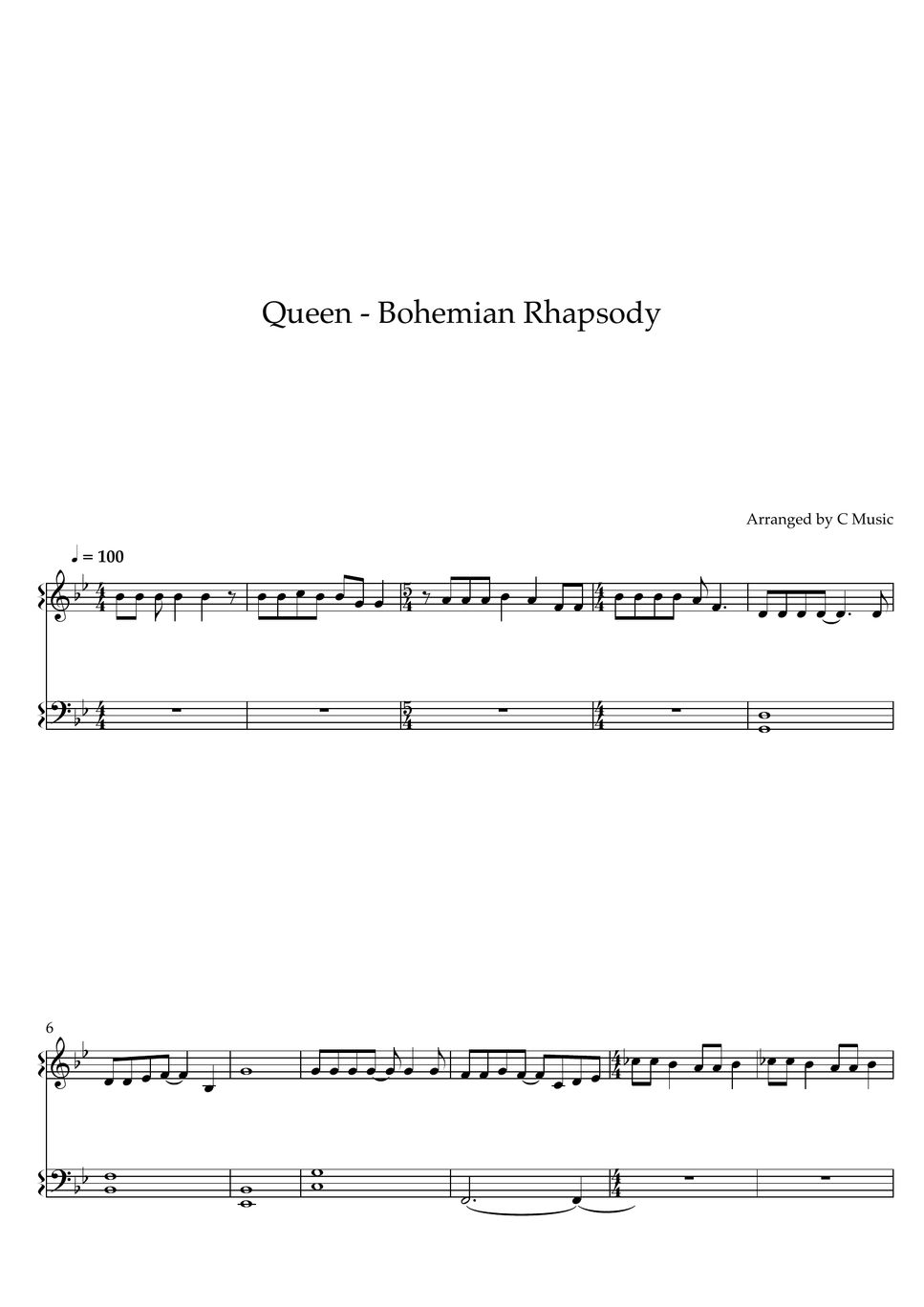 Queen Bohemian Rhapsody Easy Version Sheets By C Music