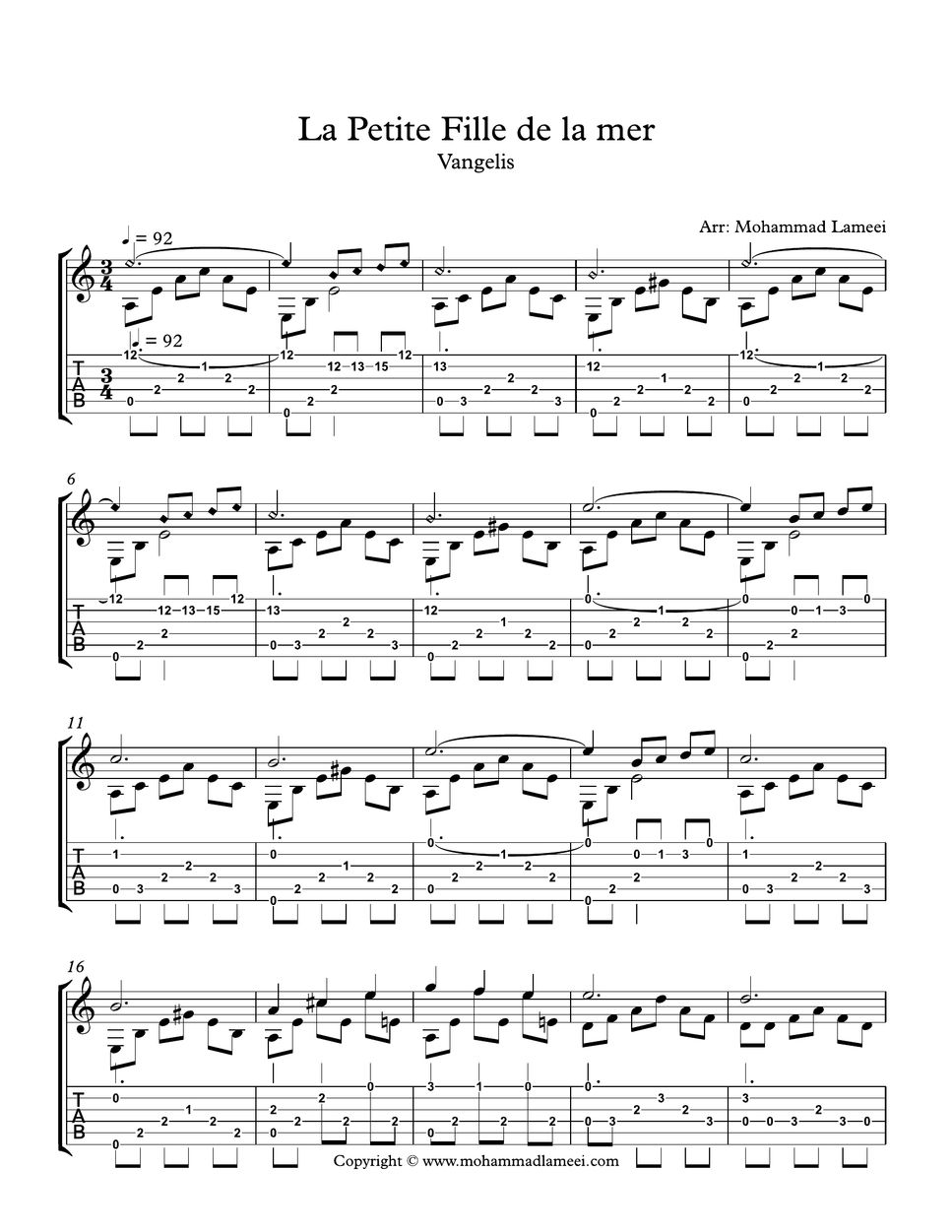 Vangelis La Petite Fille de la mer Tab + Partition à une seule portée