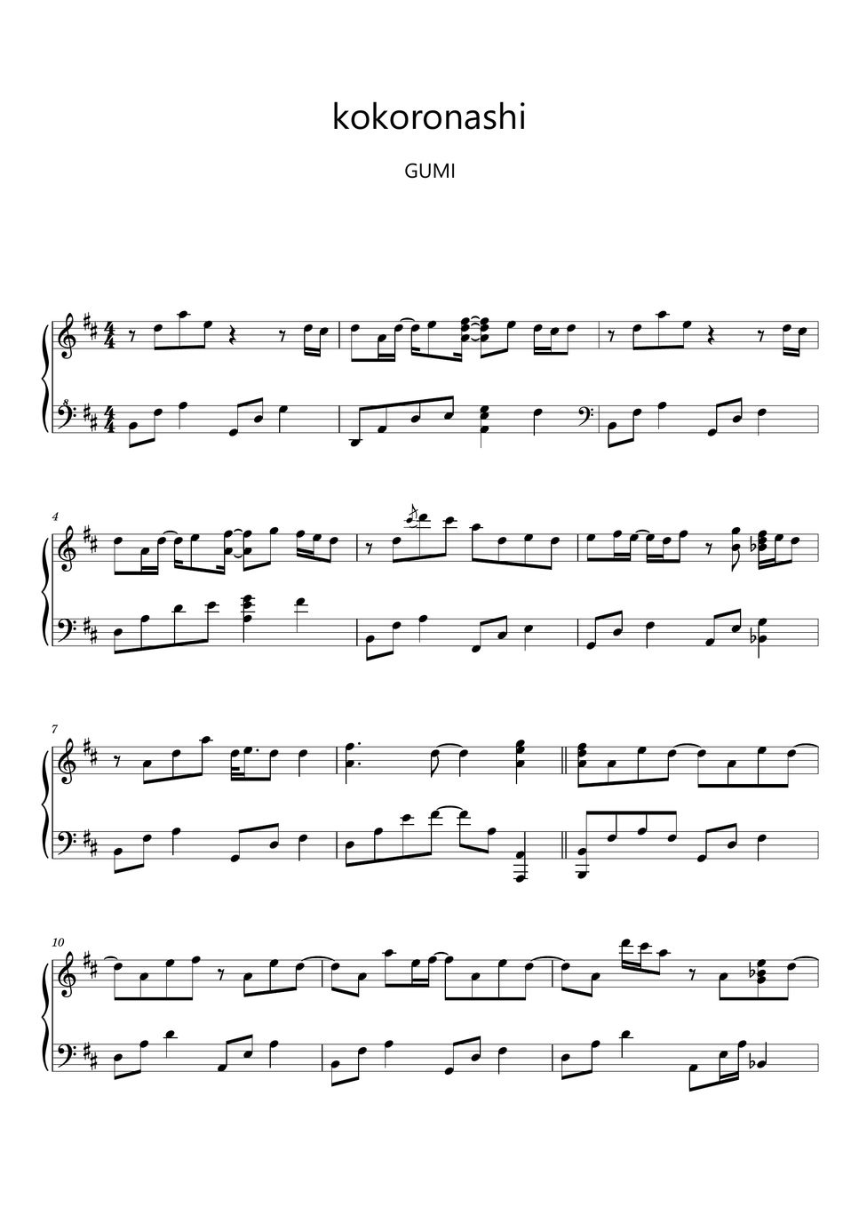 Gumi kokoronashi sheet music midi partitura by sayu