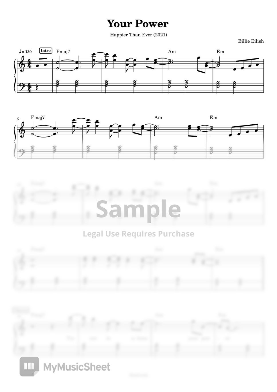 Billie Eilish Your Power (Piano) Sheets by Anacrusa