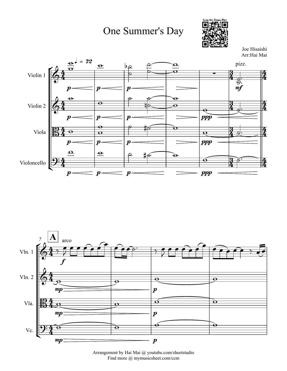 Spirited Away One Summer's Day for String Quartet نوتة by Hai Mai