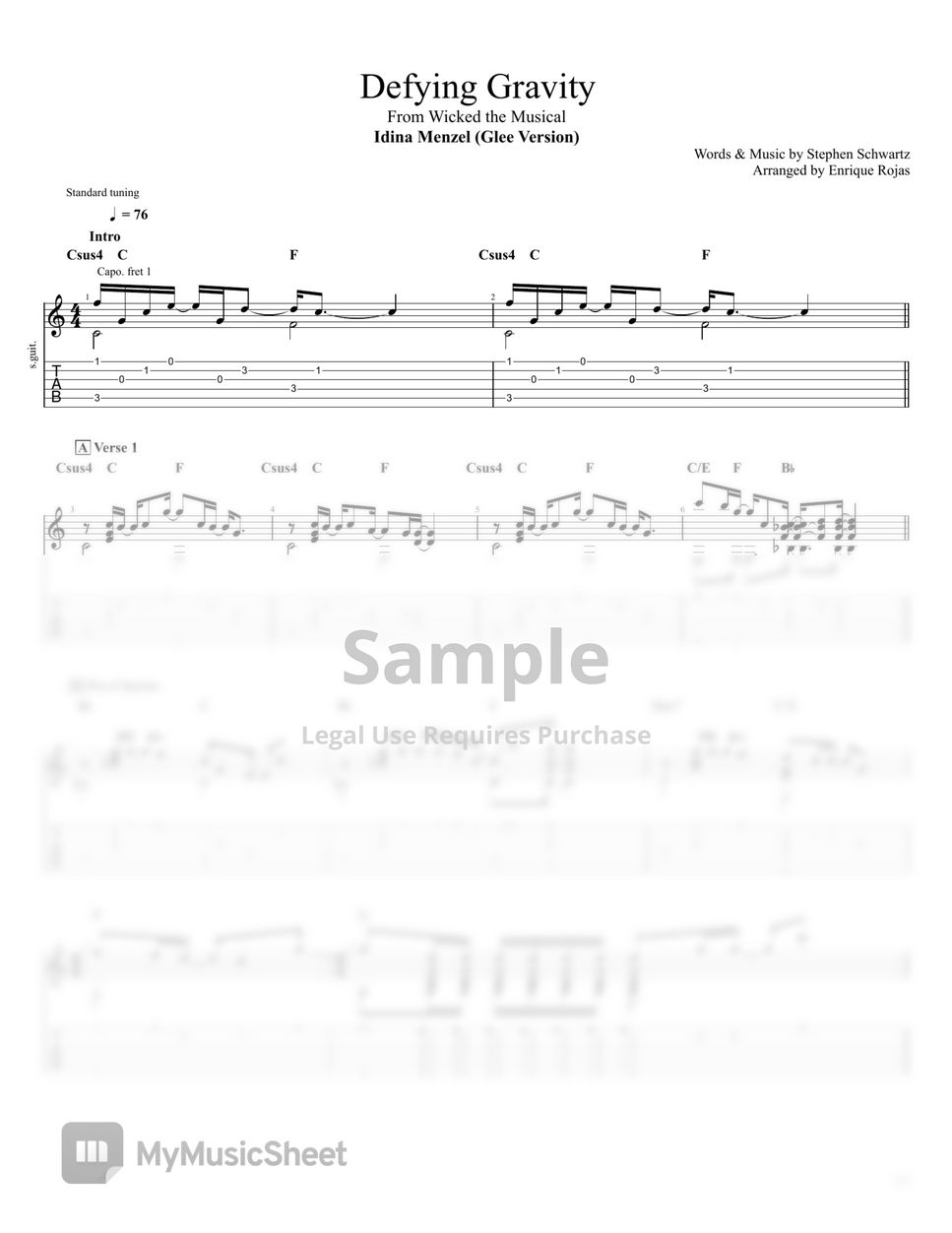 Idina Menzel - Defying Gravity (Fingerstyle guitar arrangement) Acoustic  Guitar TAB+1 Staff PDF | Enrique Rojas | mymusic5, image size:967x1252