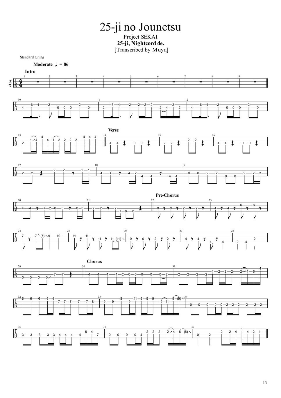 25-ji, Nightcord de. - 25-ji no Jounetsu (Bass TAB) Sheet